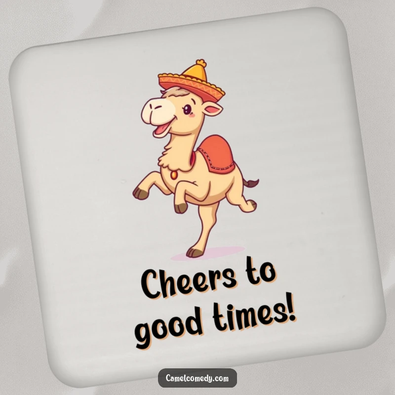 Funny drink coaster featuring a camel kicking its legs up and wearing a small sombrero, preventing rings with style.
