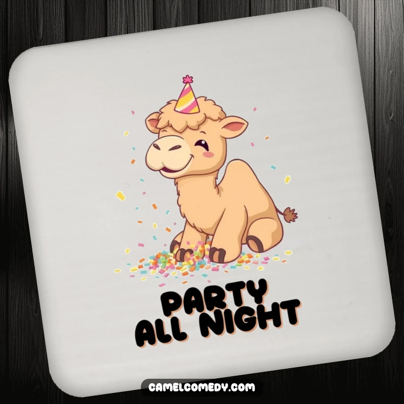Funny camel coaster, giggling while spilling confetti, wearing a party hat, protects surfaces with humor.