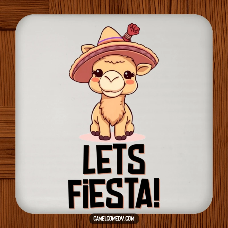 Funny coaster set featuring a giggling camel wearing a tiny sombrero and tipping it, adding fiesta fun to tabletops.