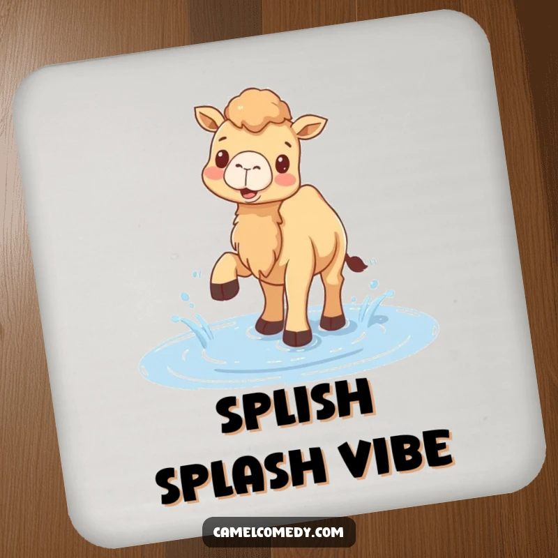 Funny coaster set featuring a camel gleefully splashing water with its feet in a puddle, adding humor to tabletops.