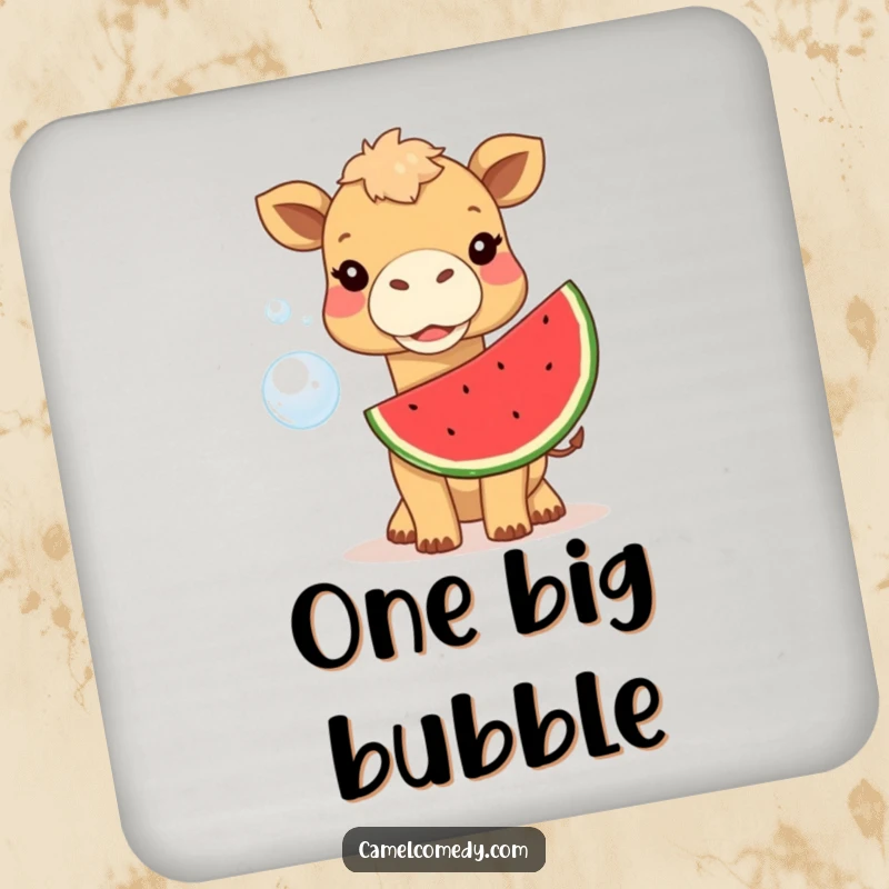 Funny camel blowing a large watermelon bubble, printed on a protective drink coaster, a humorous household gift.
