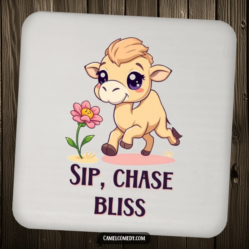 Funny camel with sparkling eyes chasing a desert flower, depicted on a humorous and protective drink coaster.