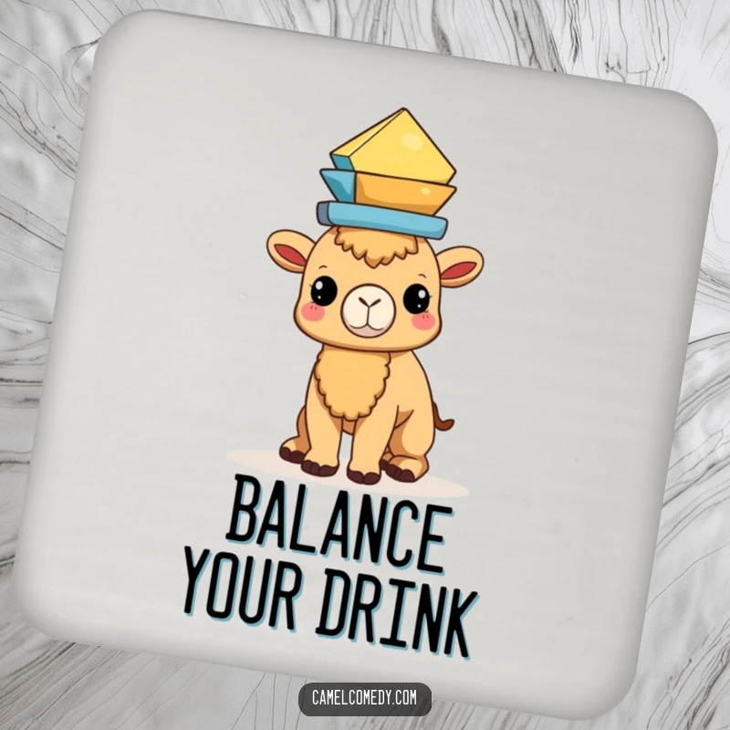 Funny Kawaii Camel Coasters featuring a camel balancing geometric shapes, protecting tables with stylish precision.
