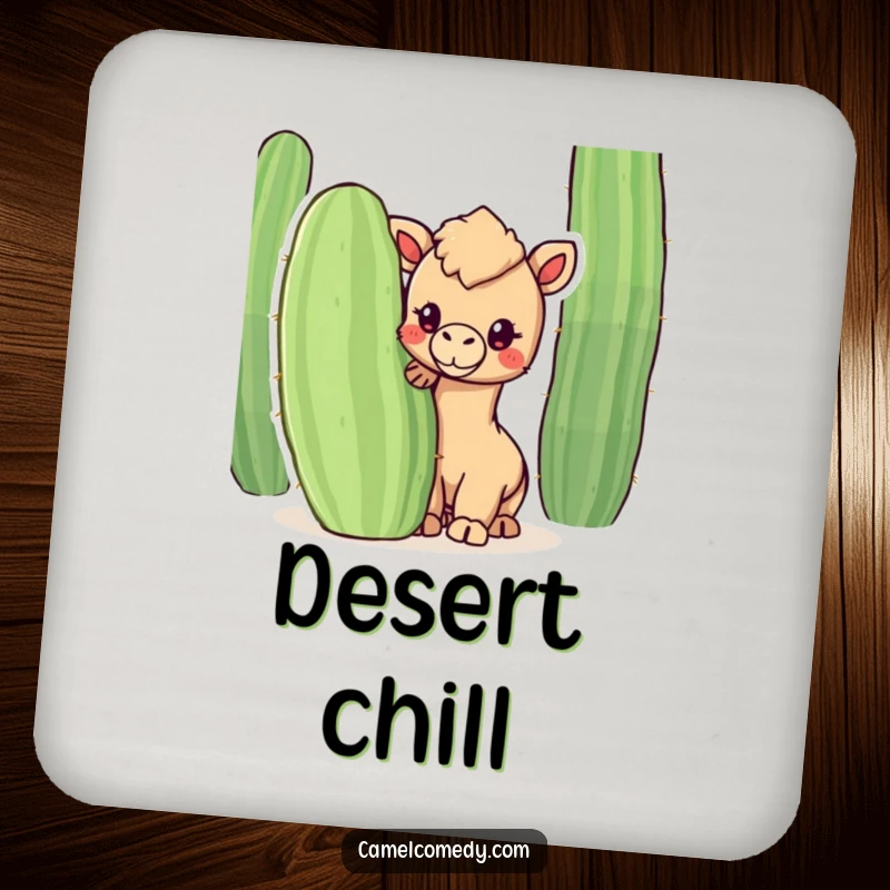 Funny coaster set featuring a kawaii camel peeking from behind a cactus, offering humorous protection for drink surfaces.