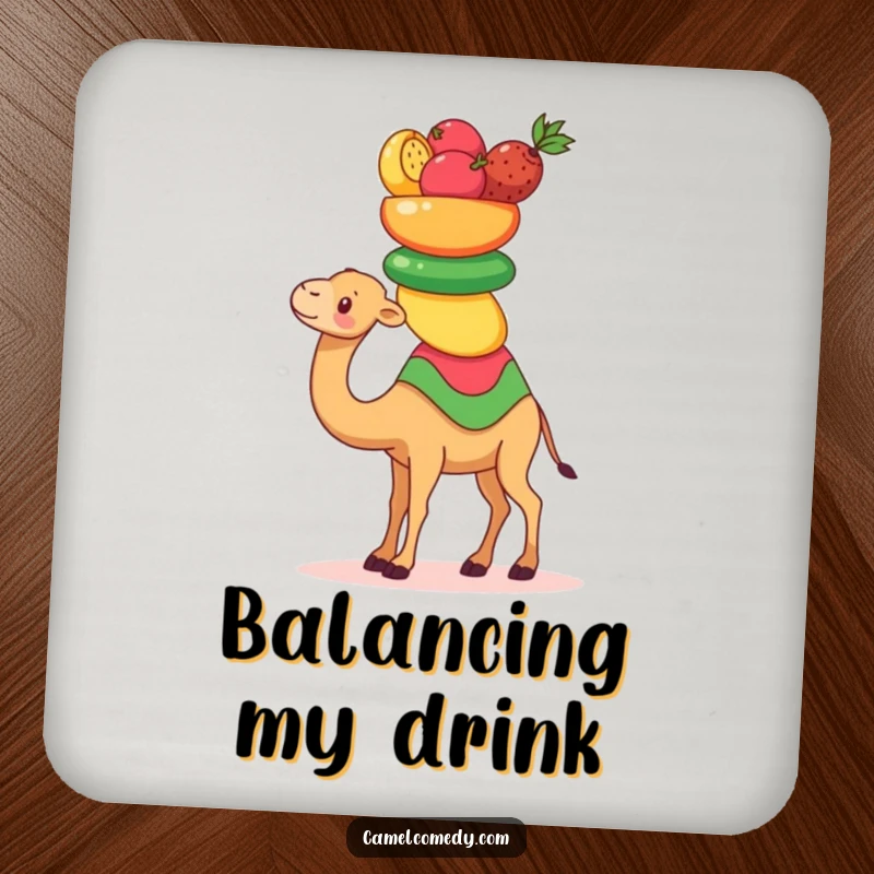 Funny Kawaii Camel Coaster featuring a cute camel balancing fruits, a humorous and functional accessory.