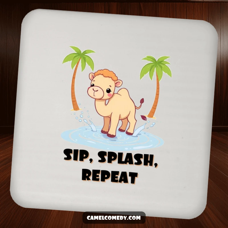 Funny Kawaii camel coaster showing a camel splashing water from a small oasis, protecting furniture with humor.