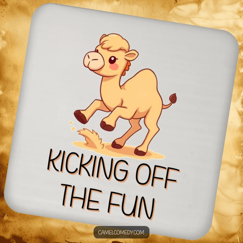 Funny Kawaii Camel Coaster featuring a cute camel kicking up sand, a humorous and functional accessory.