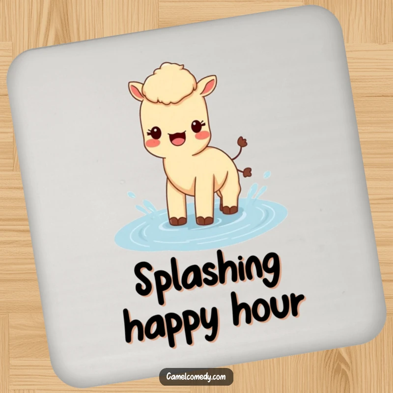 Funny Kawaii Camel Coaster featuring a cute camel splashing in water, a humorous and functional accessory.