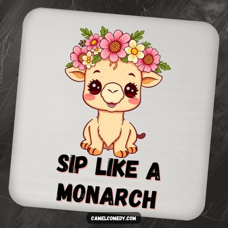 Funny kawaii camel with a desert flower crown, beaming on a drink coaster, adding humorous protection to tables.