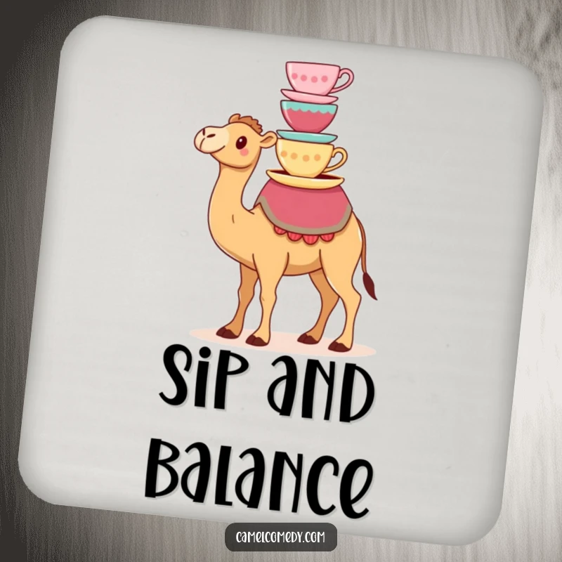 Funny drink coaster with a kawaii camel balancing colorful teacups on its hump, protecting surfaces with a humorous touch.