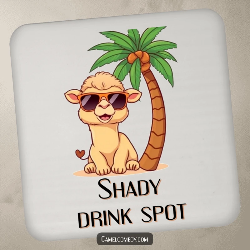 Funny kawaii camel in sunglasses, peeking from behind a palm tree, perfect for a drink coaster.