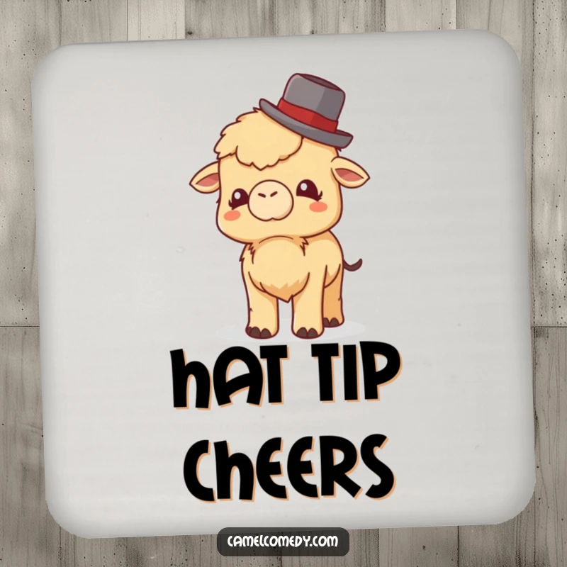 Funny Little Camel Coaster: a tiny camel tipping a bowler hat with a giggle, providing funny surface protection with flair.