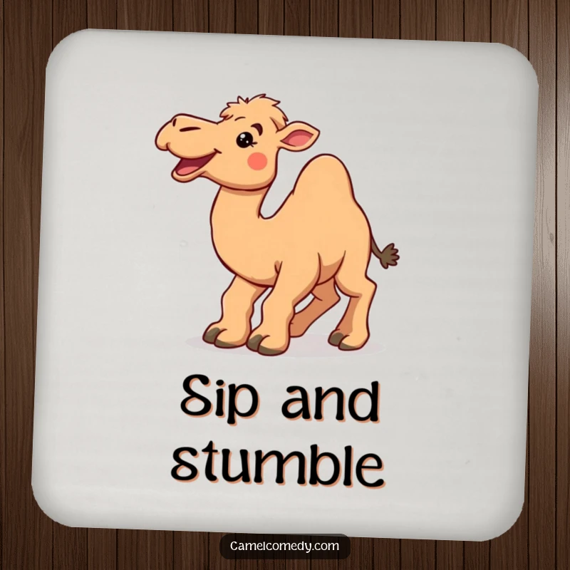 Funny camel tripping over its large feet with a smile, depicted on a humorous and protective drink coaster.