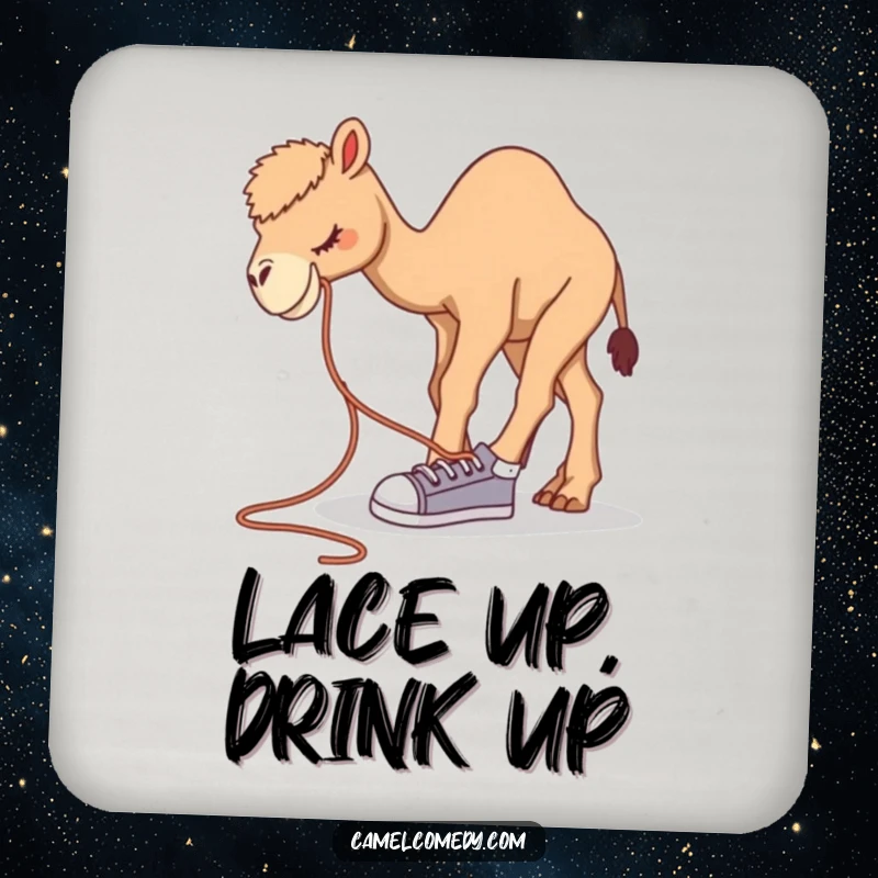 Funny camel coasters featuring a camel bending over to tie a comically large shoelace, offering humorous protection.