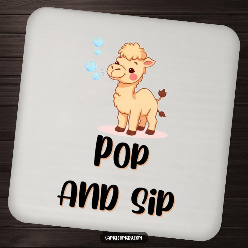 Funny drink coaster featuring a tiny camel happily blowing a stream of sparkly bubbles, protecting your furniture with cheerful magic.