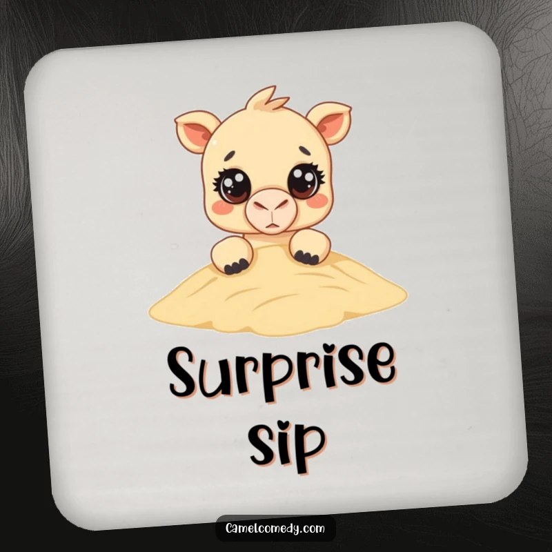 Funny Kawaii Camel Coaster: a cute camel with big eyes peeks over a sand dune, offering funny surface protection.