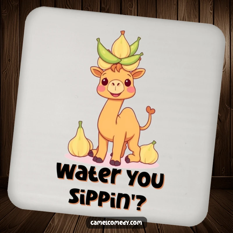 Funny camel drink coaster showing a smiling camel balancing a tower of water gourds, providing practical humor for tabletops.