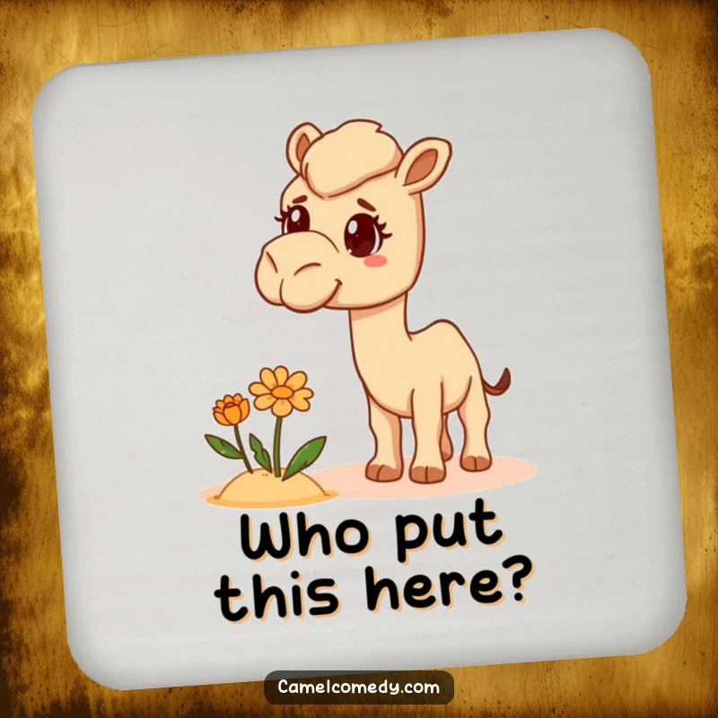 Funny Camel Coaster with a bewildered camel looking at a desert flower, offering humorous protection for surfaces.
