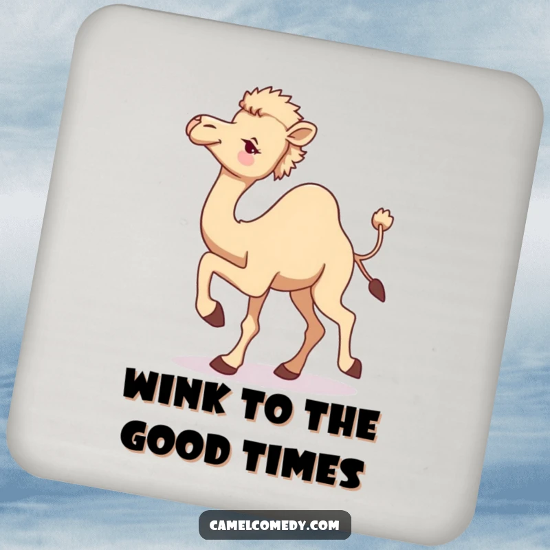 Funny camel drink coaster with a camel in motion and a playful wink, adding a touch of cheeky humor to tabletops.