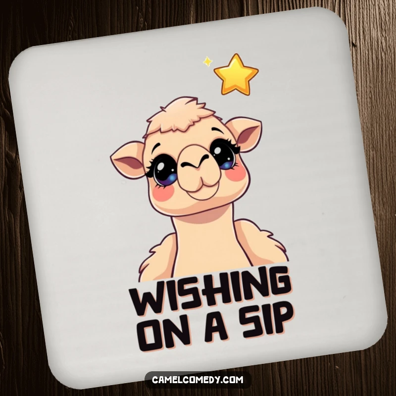 Funny camel drink coaster with a camel with sparkling eyes looking up at a floating cartoon star, adding whimsical charm to tabletops.