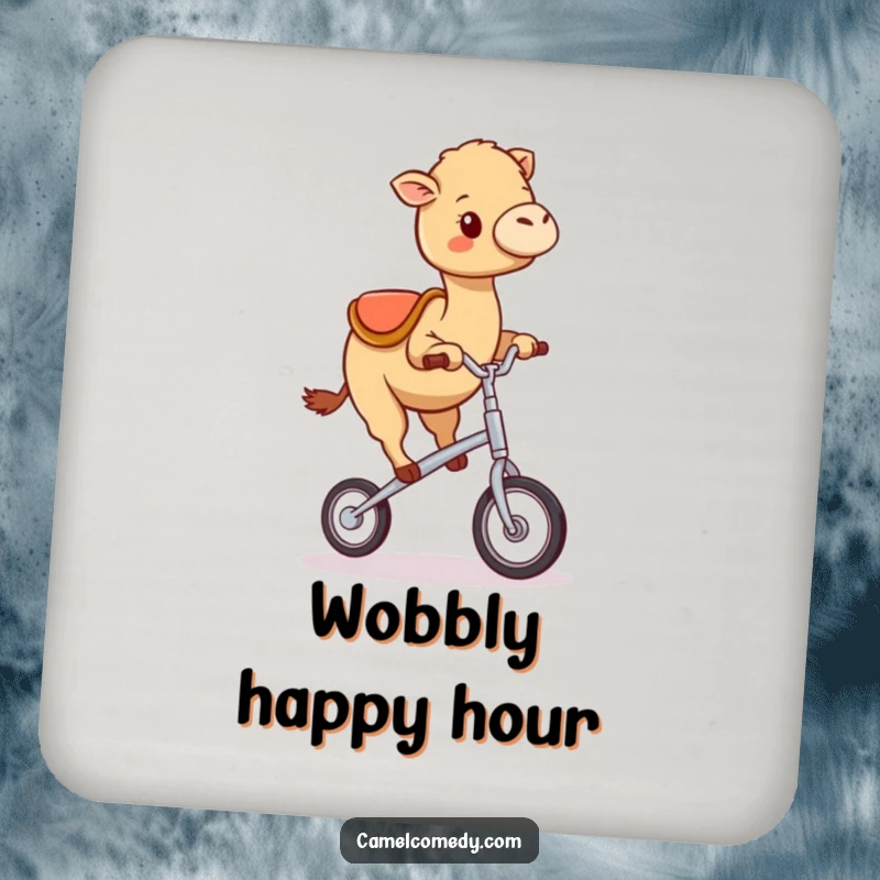 Funny kawaii camel happily wobbling on a tiny unicycle, perfect for a drink coaster.