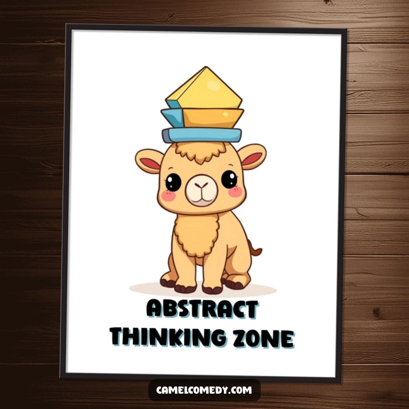 Funny Kawaii Camel Poster capturing a camel’s serene face as it balances a neat stack of geometric shapes.