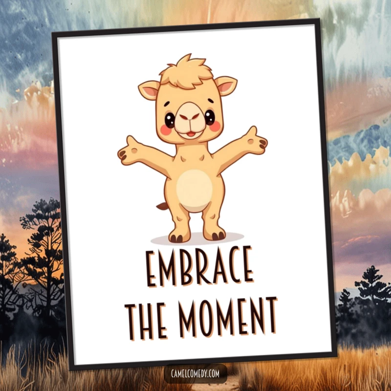 Funny Camel Poster showing a camel with arms outstretched, inviting a hug, creating a warm and humorous piece of art.