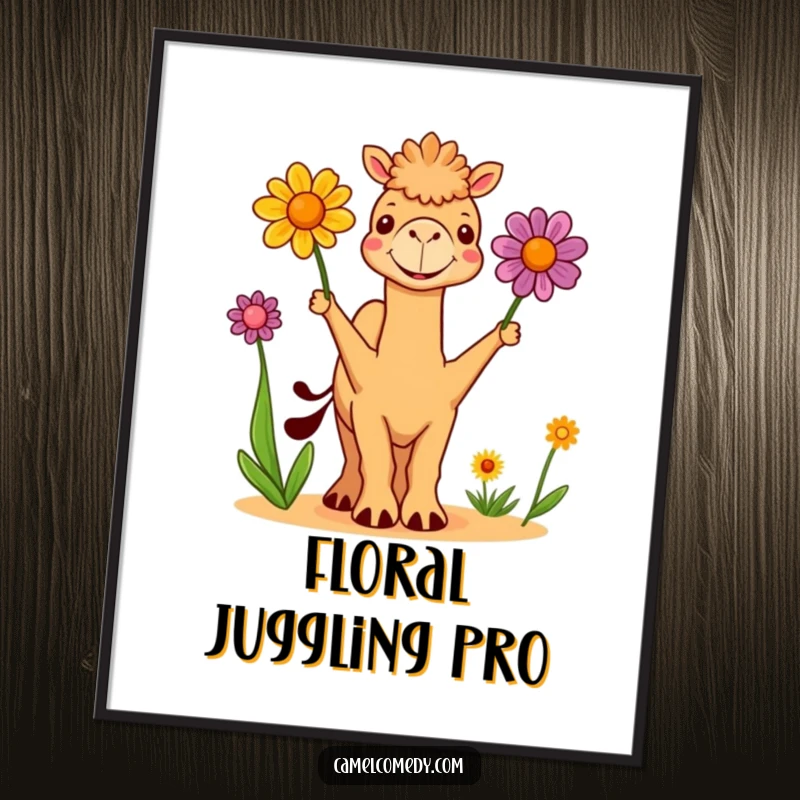 Funny Poster: a cute camel gleefully juggles three colorful, delicate desert flowers against a vibrant background, sharing funny cheer.