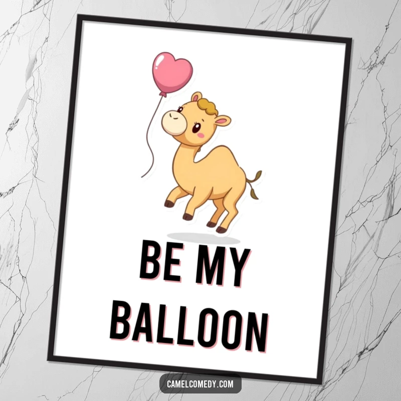 Funny poster print of a playful camel tied to a balloon, floating slightly above the ground with a happy, carefree expression.