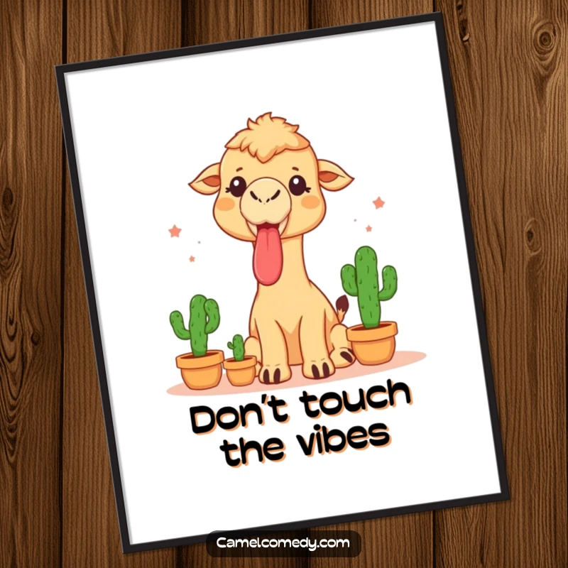 Funny poster of a camel sticking its tongue out while juggling three small cacti, capturing a moment of daring desert performance.