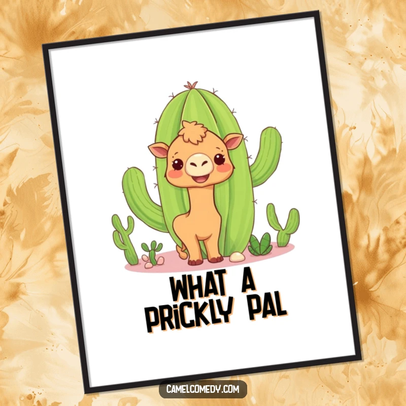Funny camel cactus poster featuring a curious camel peeking around a large, smiling cactus, capturing a moment of whimsical desert humor.