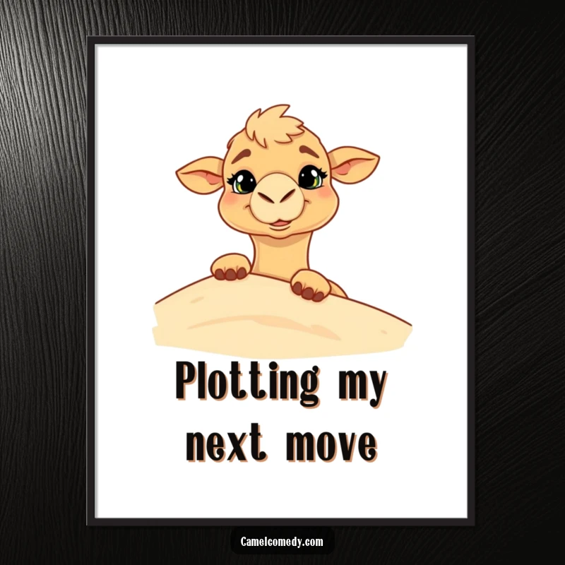 Funny poster of a camel with a goofy grin, playfully peeking from behind a desert sand dune, creating a humorous scene.