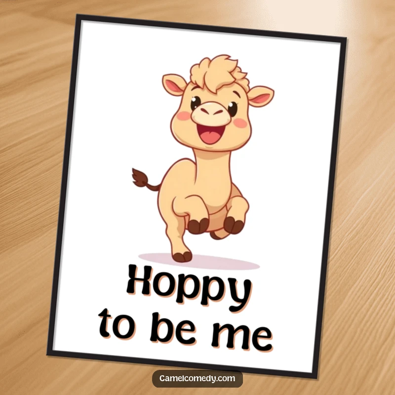 Funny camel poster featuring a camel with a wide, happy smile doing a comical hop, conveying pure, infectious joy and fun.