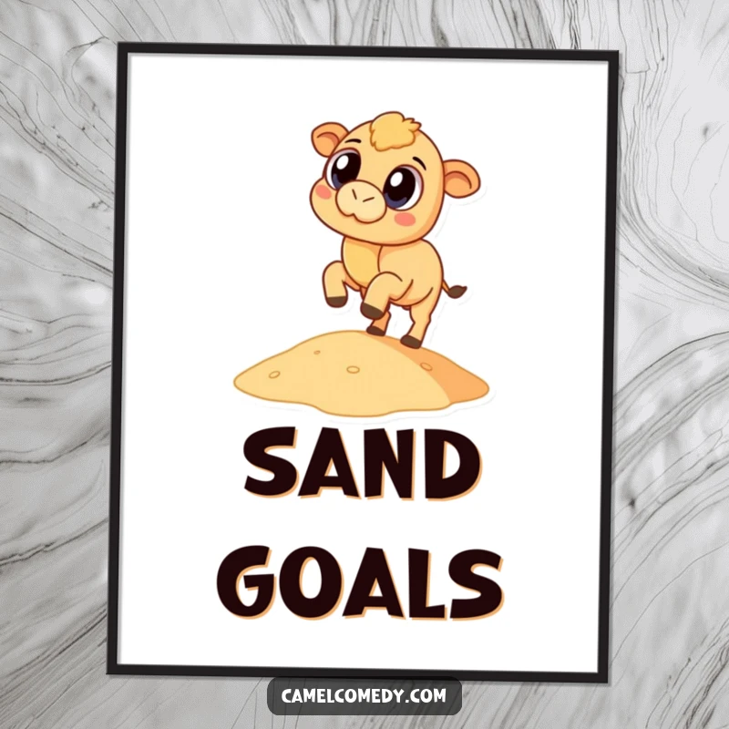 Funny, round camel kicks a tiny sand dune high in this humorous wall art poster.