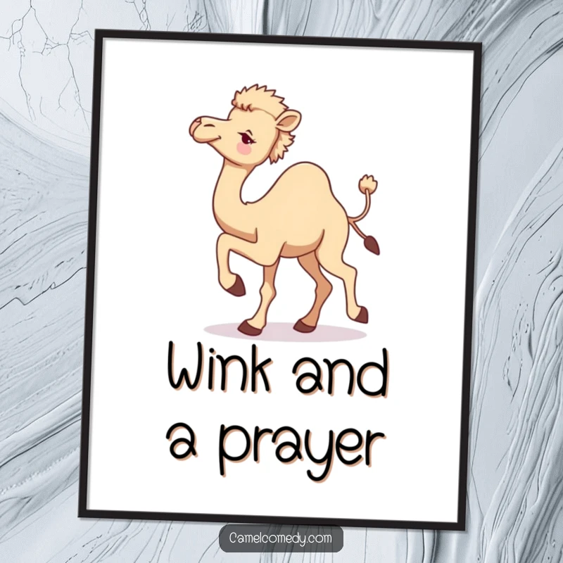 Funny camel poster depicting a camel in motion, one leg raised, glancing backward with a cheeky wink, conveying playful spirit.