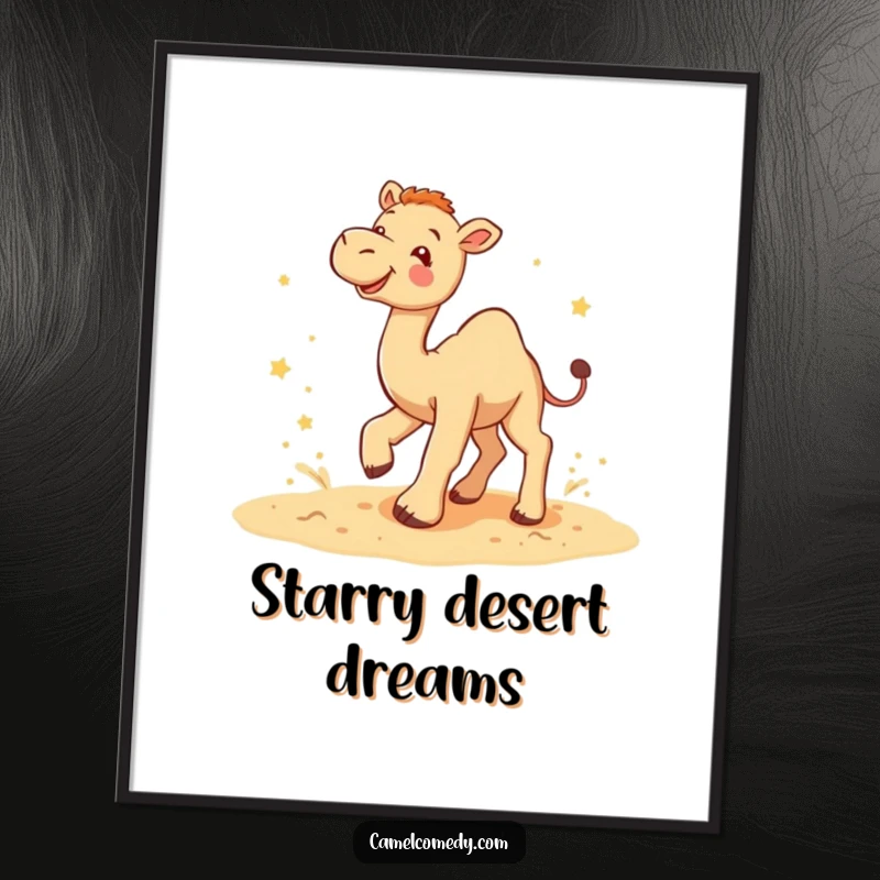 Funny camel star kicker poster showing a camel gleefully kicking up sand with tiny stars, radiating pure playful energy and fun.