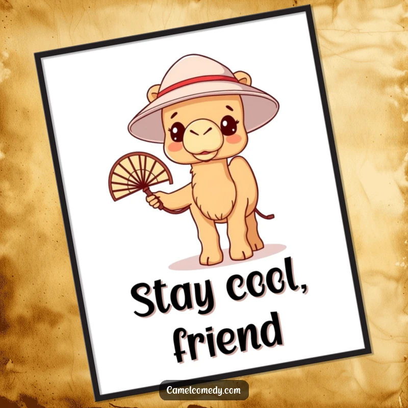 Funny kawaii camel wearing a bucket hat and fanning itself, looking warm, depicted on a cool poster.