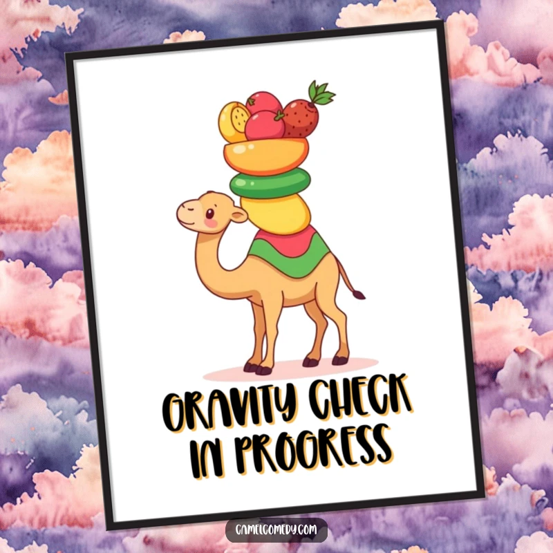 Funny Kawaii Camel Poster of a cute camel balancing desert fruits, humorous and artistic wall decor.