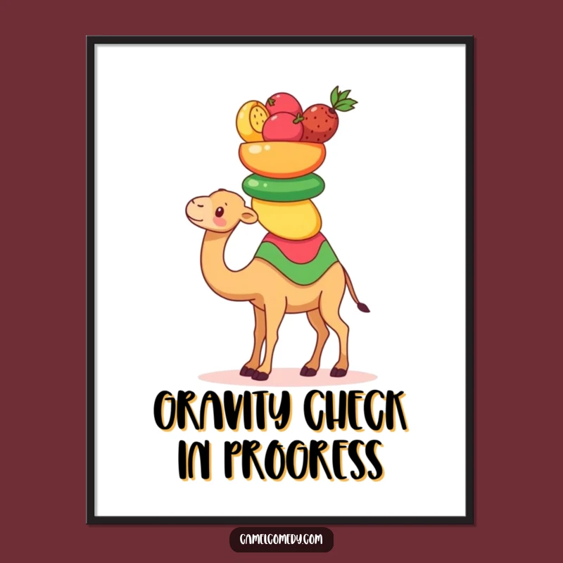 Funny Kawaii Camel Poster: Fruit-Balancing Camel Art, Humorous Decor Gift