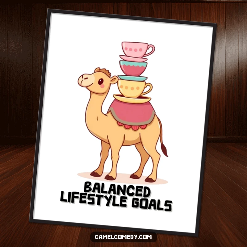 Funny poster print of a kawaii camel humorously balancing colorful teacups on its hump, adding a touch of playful art.