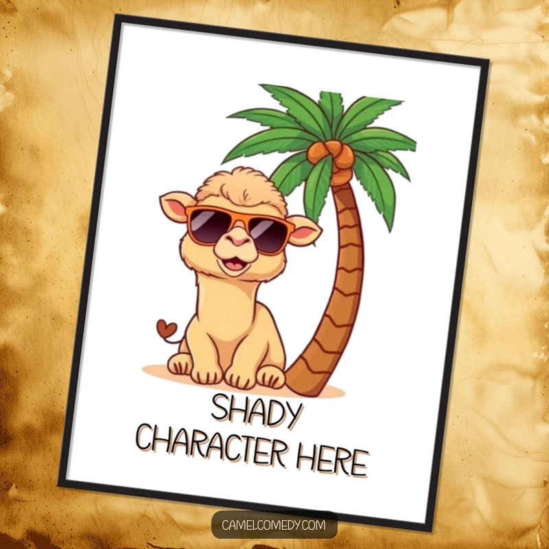 Funny kawaii camel wearing sunglasses, peeking from behind a palm tree, depicted on a vibrant poster.