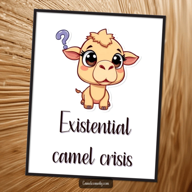 Funny surprised camel with wide eyes, looking with confusion at a floating question mark, humorous wall art poster.