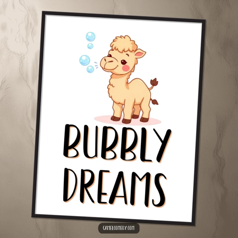 Funny poster featuring a tiny camel with a delighted expression, blowing a stream of shimmering, iridescent bubbles, artistic and humorous.