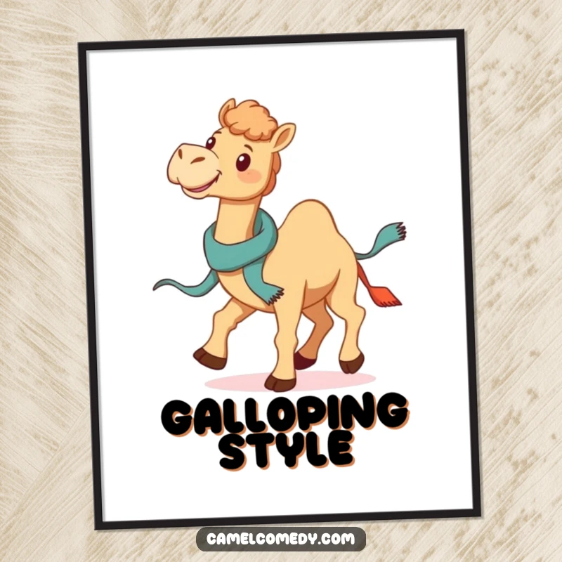 Funny Galloping Camel Poster: a smiling camel gallops with a jaunty scarf trailing dramatically, capturing funny motion and freedom.