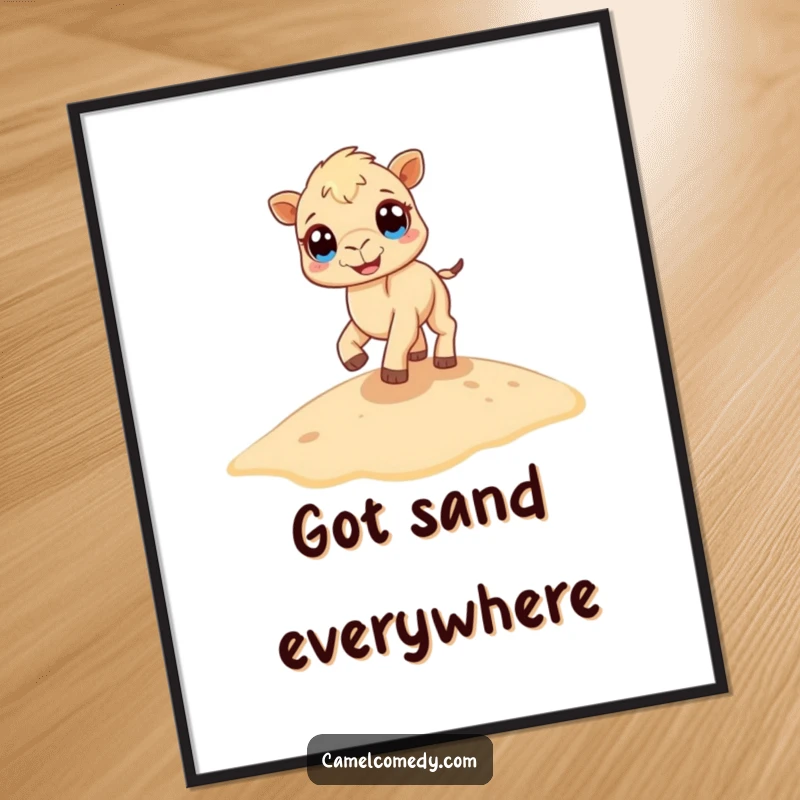 Funny camel poster showcasing a tiny camel with enormous eyes bouncing with pure joy on a golden sand dune, a delightful spectacle.