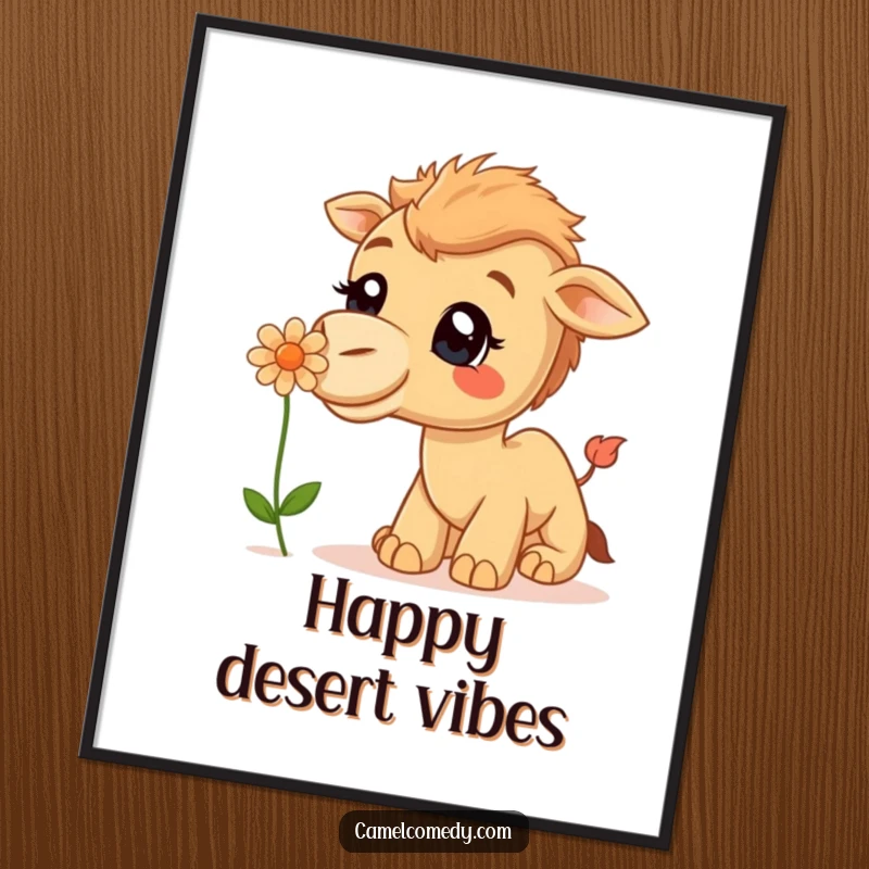 Funny Poster print: A curious camel beaming with a smile sniffs a delicate desert flower, embodying joy.