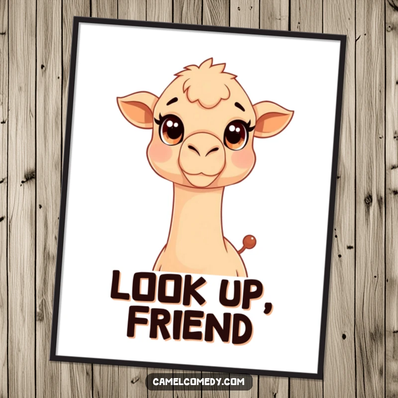 Funny Kawaii Camel Poster featuring a cute camel with big eyes and a long neck, adding humorous wall art.