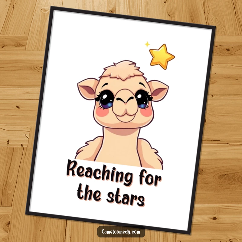 Funny camel poster featuring a camel with sparkling, wide eyes looking up at a charming floating cartoon star, evoking wonder and dreams.