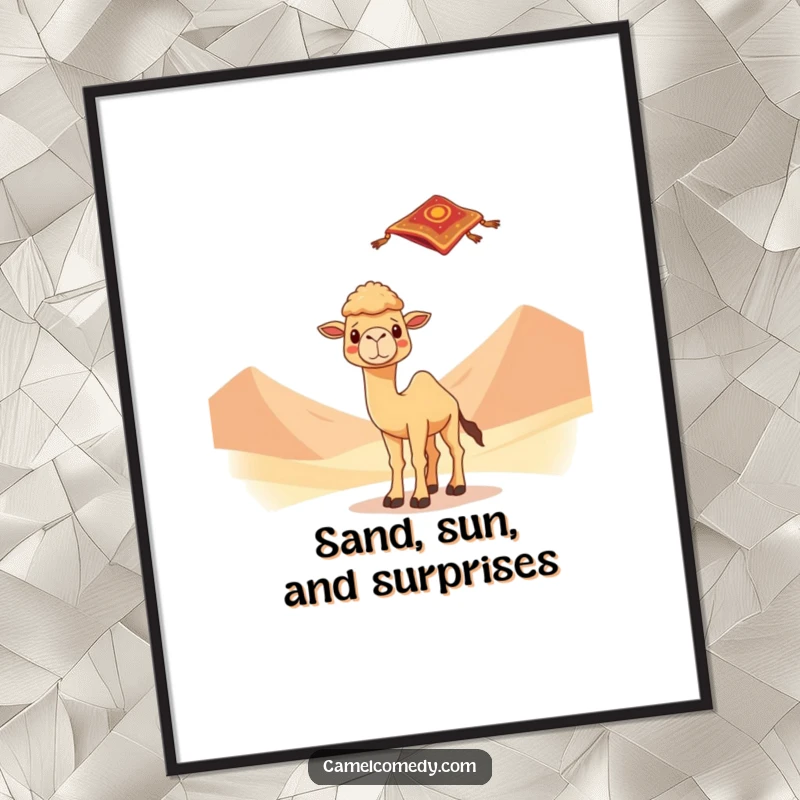Kawaii camel looking surprised by a flying carpet amidst desert dunes, printed on a poster, evoking a sense of wonder and magic.