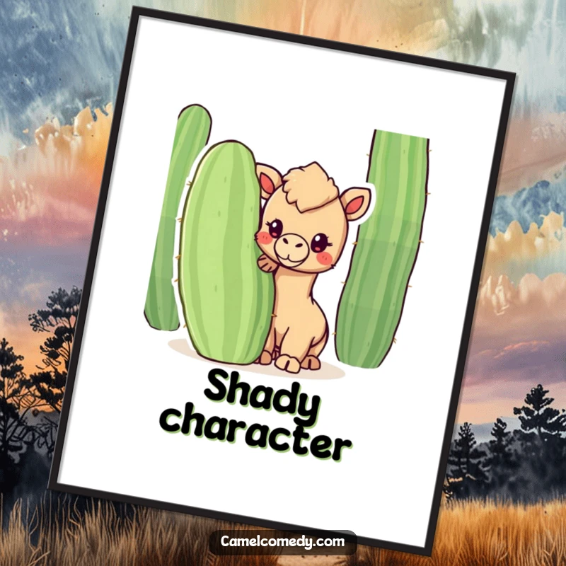 Funny poster featuring a kawaii camel peeking from behind a cactus, creating an atmosphere of charming desert humor.